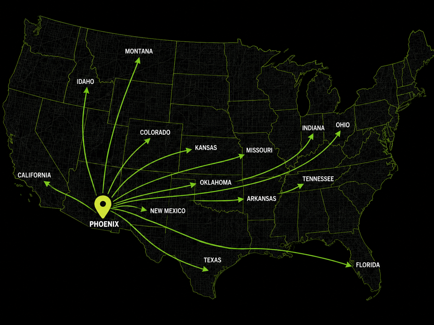 Map of the United States showing No Limit Turf shipping from its Phoenix hub to served states and cities